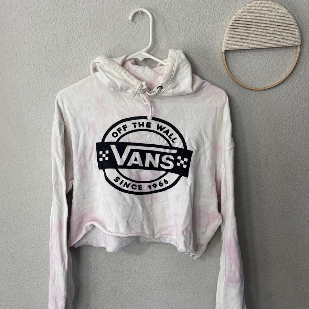 Vans White and Light Pink Logo Cropped Hoodie